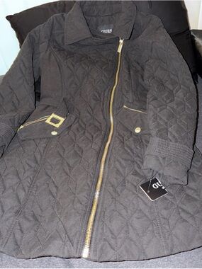 Guess Black Quilted Puffer Coat with Gold Zipper